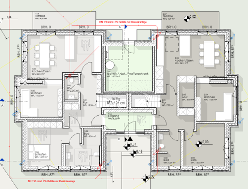 Grundriss eines Hauses mit mehreren Räumen, einschließlich Wohnbereich und Küche.